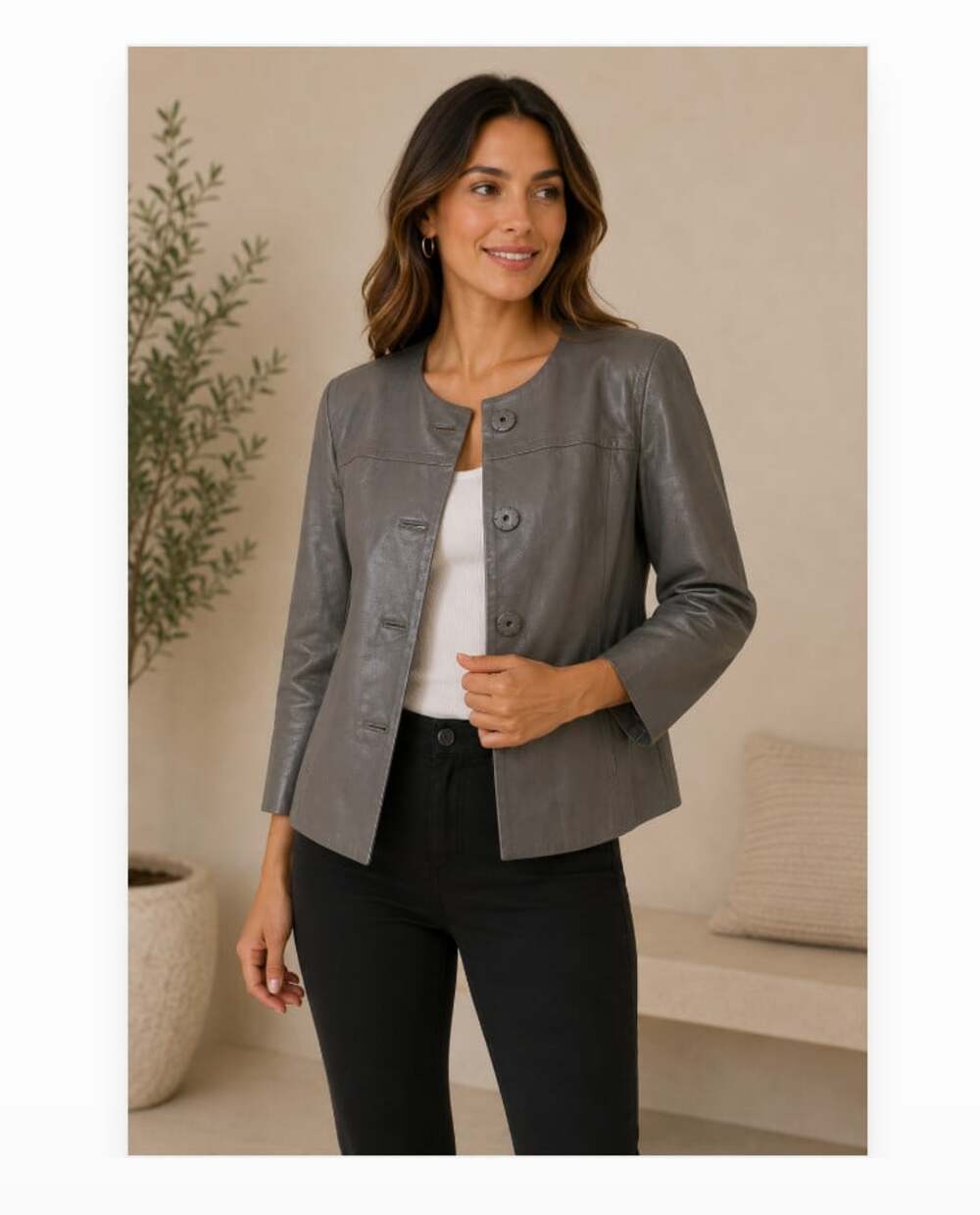 Vince Jacket Womens XS Gray Leather Collarless 3/4 Sleeve Button Short Cropped